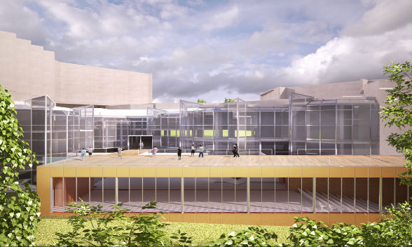 © F. Rolland & associés - Kun Architecture Vue d'architecte du centre de congrès rénové, terrasse côté jardin des plantes.