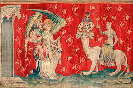 La scène de "la prostituée sur la bête" représentée dans la tapisserie de l'Apocalypse.