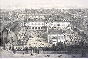 Vue g&eacute;n&eacute;rale de l&rsquo;abbaye &agrave; l&rsquo;&eacute;poque du s&eacute;minaire (dessin F. Benoist, vers 1865) &copy; Ville d&rsquo;Angers. Clich&eacute; Pierre David.