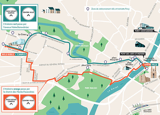 Plan des itin&eacute;raires cyclables mis en place entre Belle-Beille et le centre-ville