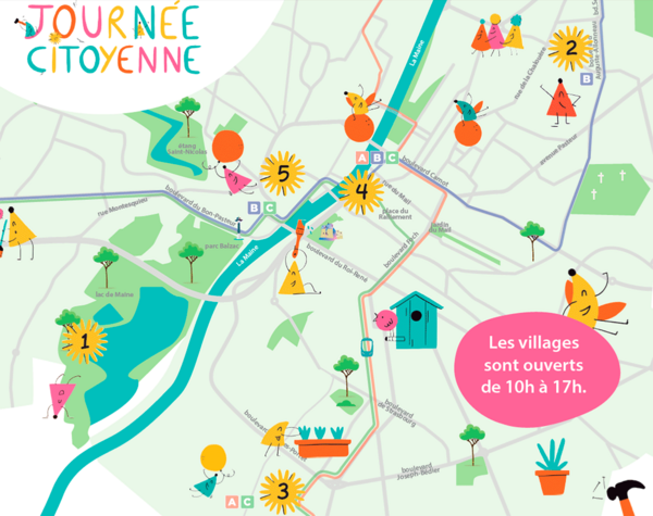 Plan d'implantation des villages pour la Journée citoyenne 2025 de la Ville d'Angers.