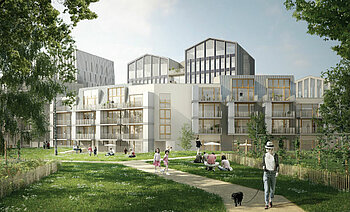 La place Giffard-Langevin deviendra un espace public majeur du quartier en lien direct avec le parc paysagé. © ANMA Vue d'architecte de la place Giffard-Langevin.
