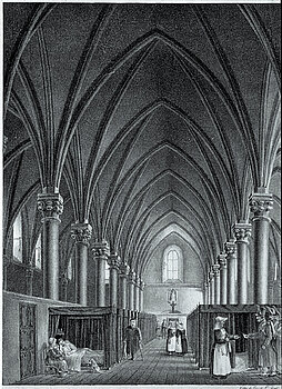 Vista interior de la sala de enfermos del hotel - Dios en 1838, litograf&iacute;a de Ernest Lesourd. &copy; Museos de Angers &ndash; Imagen de Pierre David.