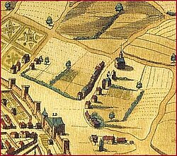 La chapelle dans le faubourg Saint-Lazare. Extrait de la vue de Claude Ménard, 1638.