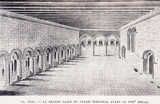 Dessin vers 1894 de la salle synodale, reconstitution de l'état antérieur au XVIIe siècle. 