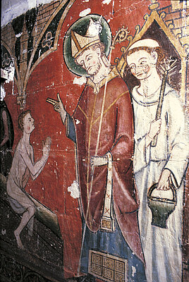 San Maurille resucitando a Renato, pintura mural de la segunda mitad del siglo XIII.