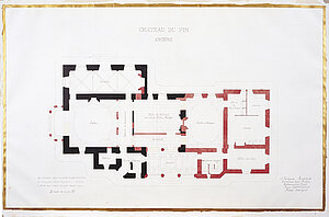 Plan du manoir du Pin (en noir) avec les agrandissements projet&eacute;s (en rouge), par Jean Foulquier, 1875 &copy; Copyright Mus&eacute;es d&rsquo;Angers. Clich&eacute; Pierre David