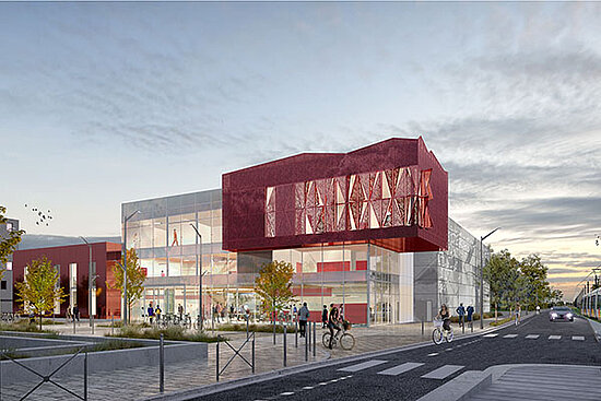 Photo du visuel d&#039;architecte de la future maison de quartier des Hauts-de-Saint-Aubin, place de la Fraternit&eacute;.