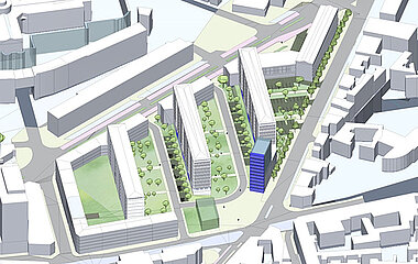 Image de synth&egrave;se du sc&eacute;nario de requalification urbaine de l&#039;&icirc;lot Savary.