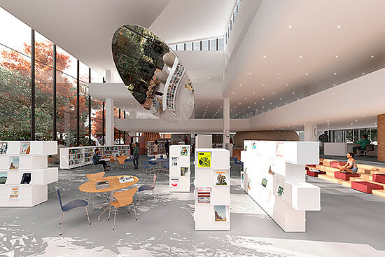 Vue d'architecte de l'intérieur de la médiathèque Toussaint rénovée.