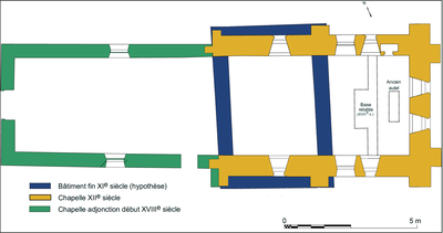 Plan de la chapelle Saint-Lazare , relev&eacute;s arch&eacute;ologiques des &eacute;poques de construction. &copy; Inrap (sous la direction de F. Comte)