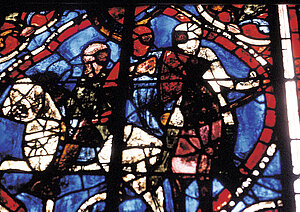 Henri II Plantagenet cabalgando con sus compa&ntilde;eros y Santo Tom&aacute;s Becket, vitral del siglo XIII. &copy; C.D.D.P. Maine y Loira