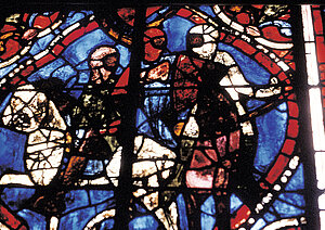Henri II Plantagenet cabalgando con sus compañeros y Santo Tomás Becket, vitral del siglo XIII. © C.D.D.P. Maine y Loira