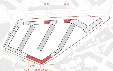 plan des déconstructions prévues dans le projet de requalification de l'îlot Savary.