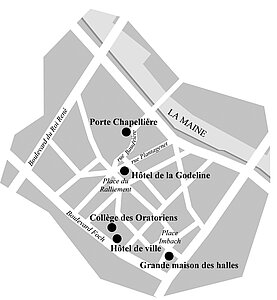 Plan de situation des diff&eacute;rents h&ocirc;tels de ville d&rsquo;Angers &copy; Studio graphique Atmosph&egrave;re