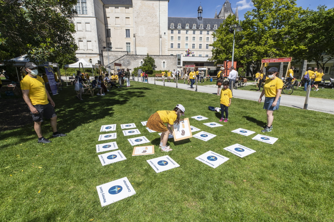 Photo du jeu de memory géant au jardin du Musée-des-Beaux-Arts.