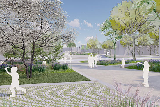 Vue d'architecte du projet d'aménagement de la place de l'Académie