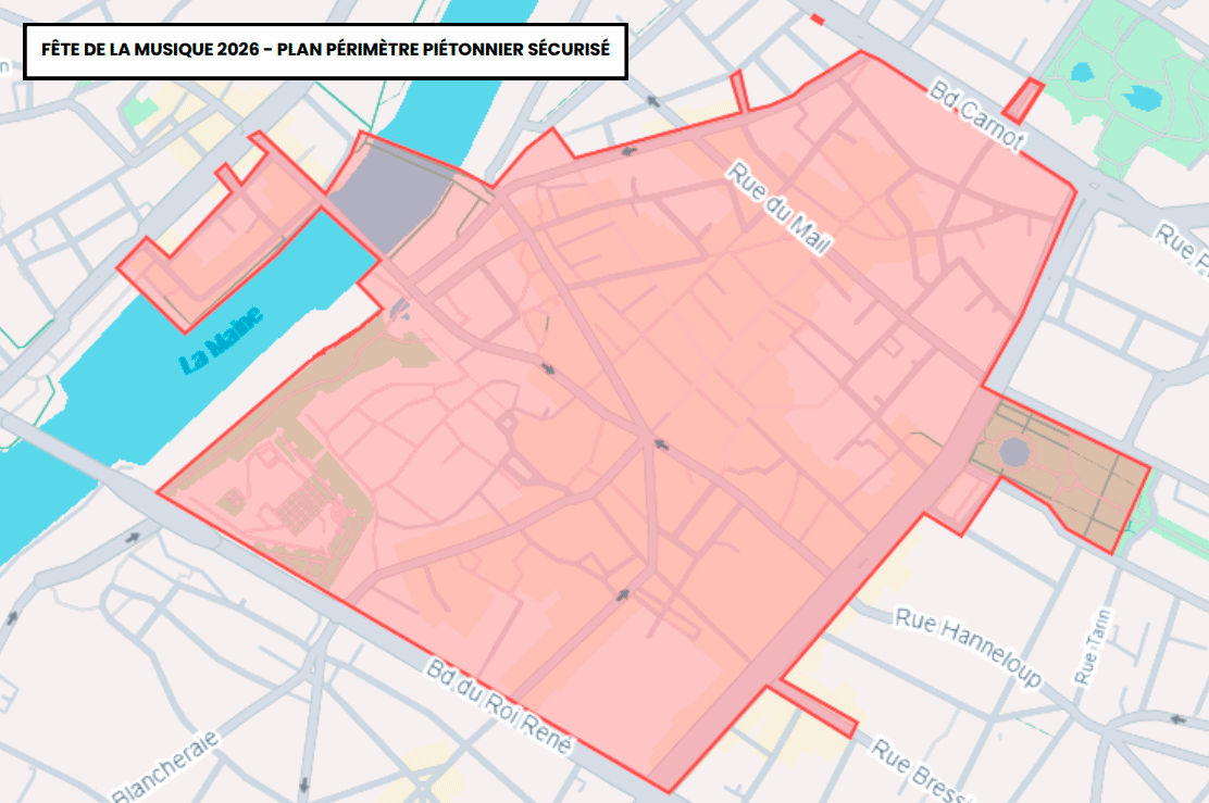 Plan du p&eacute;rim&egrave;tre pi&eacute;tonnier, f&ecirc;te de la musique 2026 &agrave; Angers