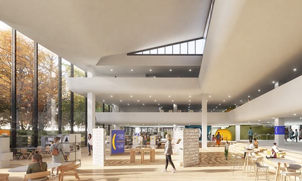 Vue int&eacute;rieure de la biblioth&egrave;que r&eacute;nov&eacute;e. 